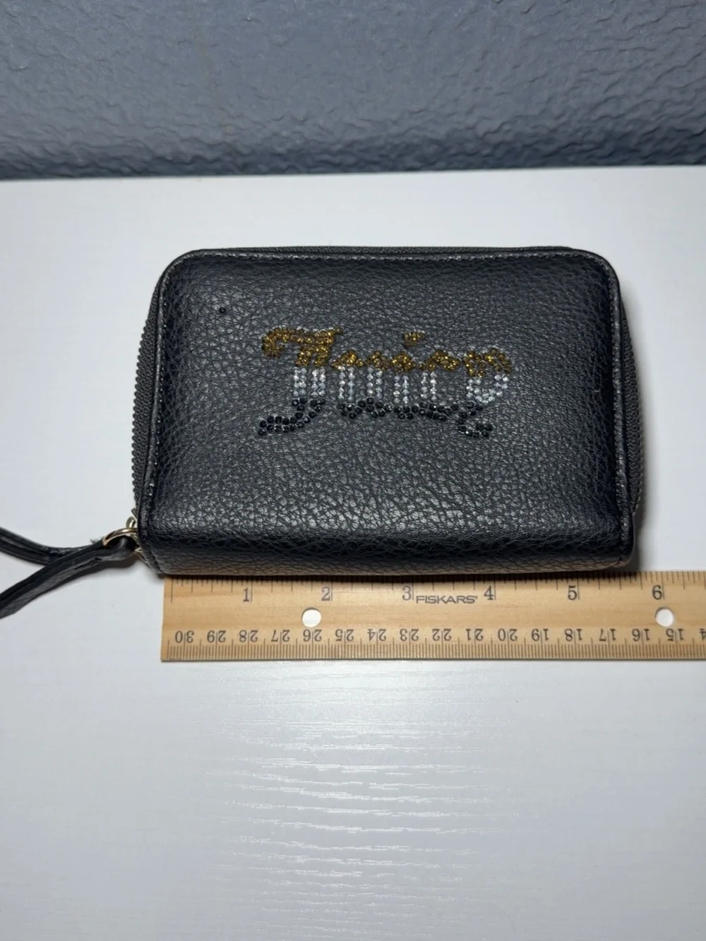 Juicy Couture Black Pebbled Zip Card Holder with Gold & Silver Logo